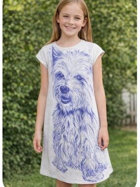 Desigual knit Girls White Dress with Large Blue Dog Graphic size 11/12